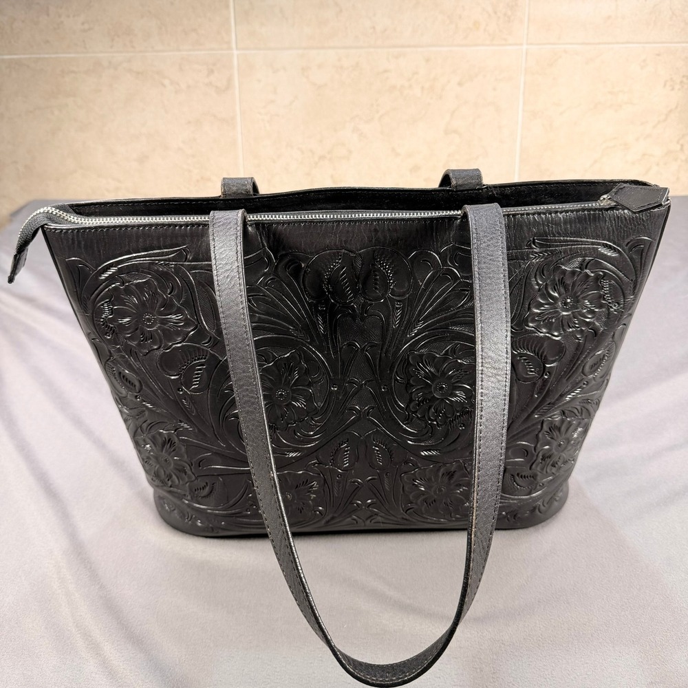 Mauzari Floral Tooled Tote Cowhide Leather Black Medium 14x10 Zip Top Bag - Picture 14 of 16